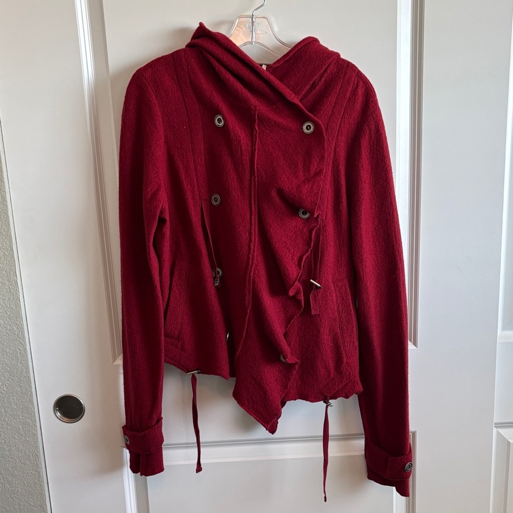 Free People Red Hooded Double-Breast Jacket